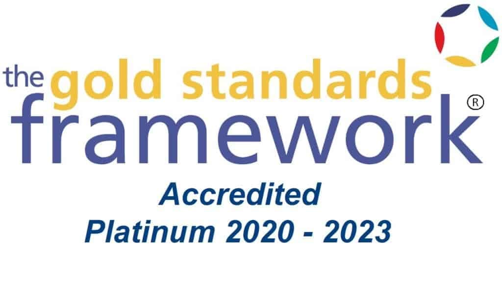 The image displays the logo for the gold standards framework indicating it is an accredited organisation with awards recognition for platinum status from 2020 to 2023.