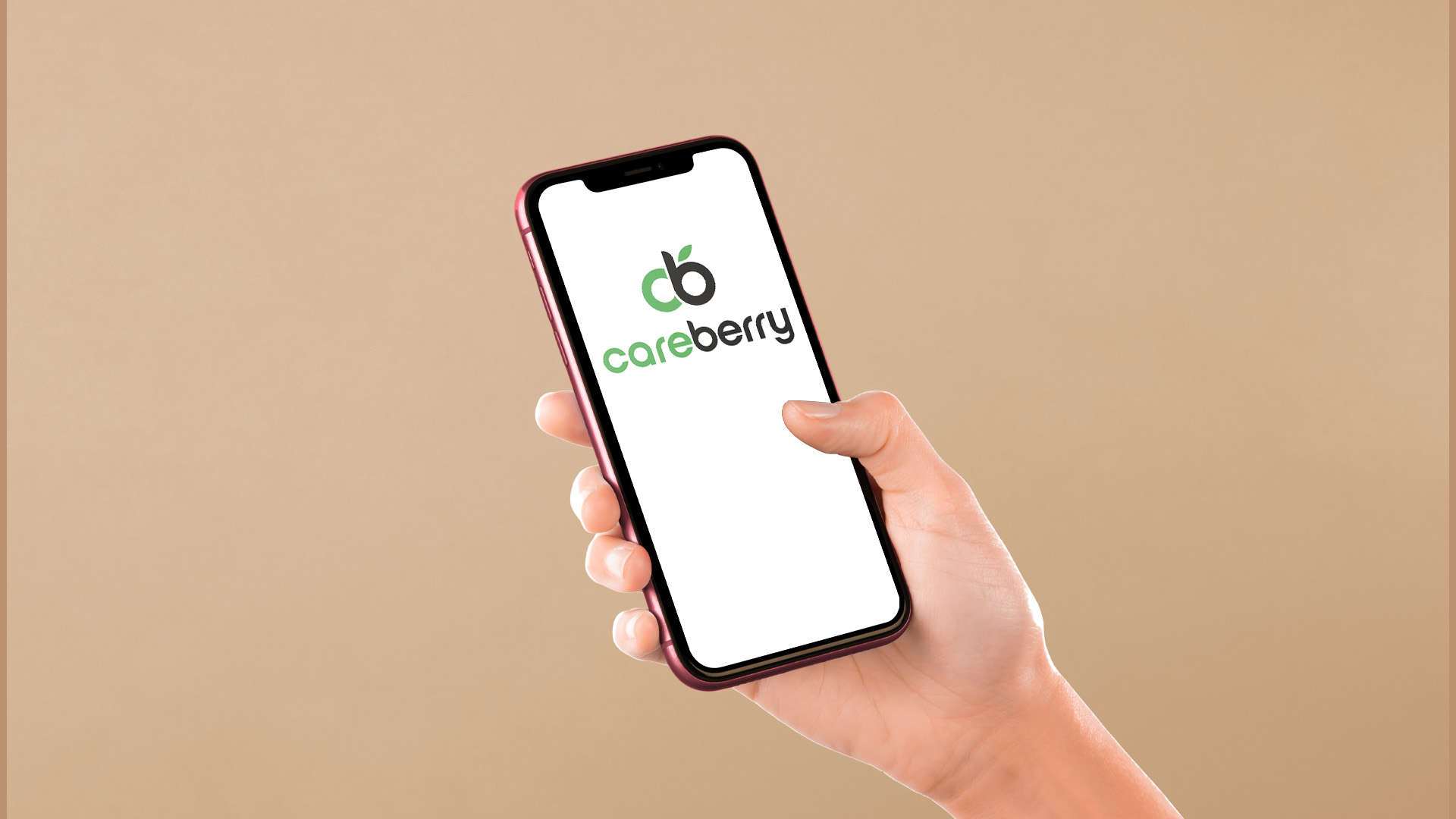 A person holding a smartphone with the screen displaying the logo of "Careberry" against a beige background.