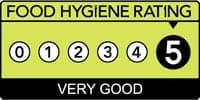 A food hygiene rating certificate showing a score of 5 out of 5, indicating very good sanitary conditions based on awards & reviews.