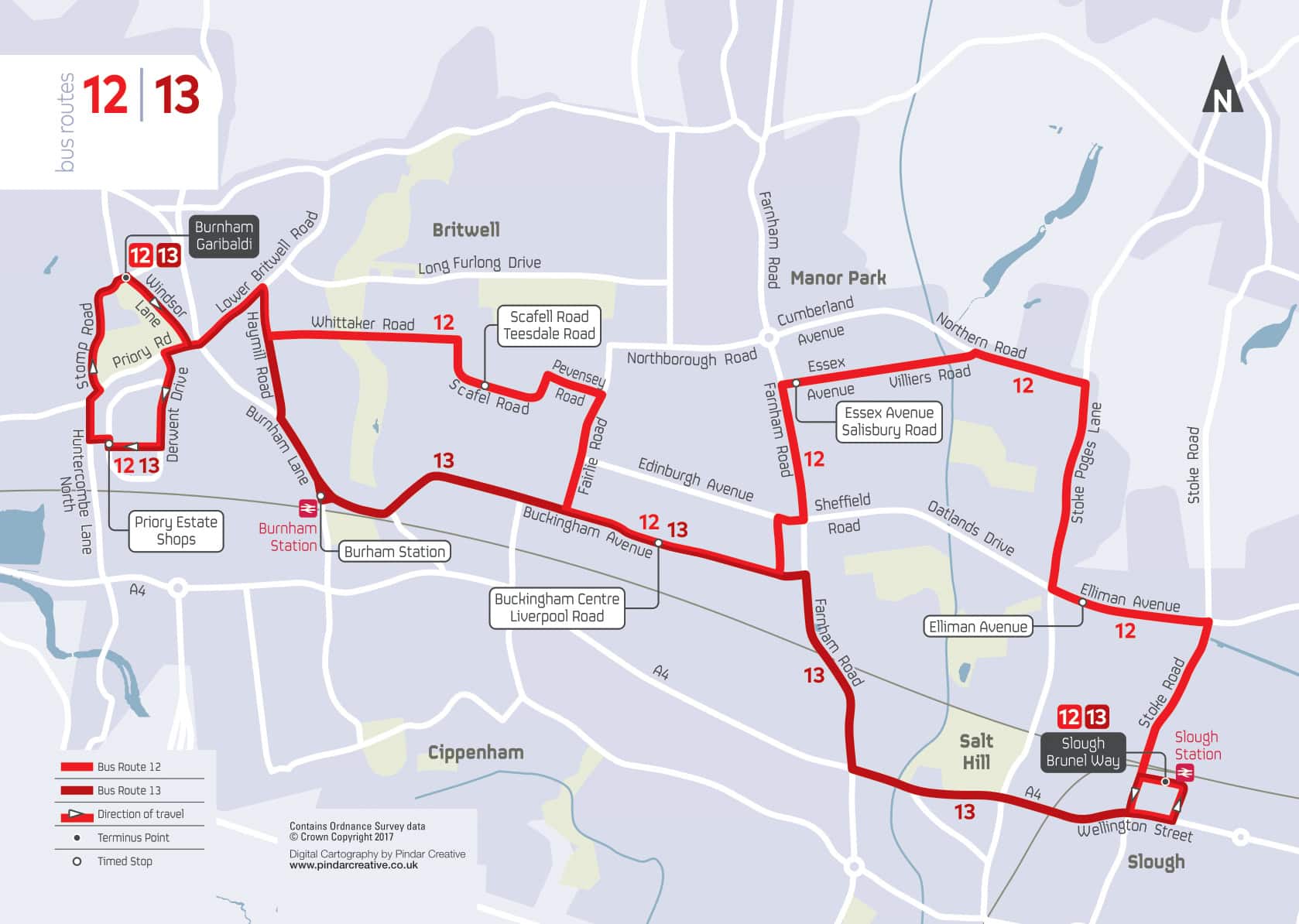 Bus route map highlighting routes 12 and 13 through various areas, including Priory Road, Bath Road, and Slough Burial Grounds. Key locations and stops along the way are marked. A legend indicates specific details about the routes.